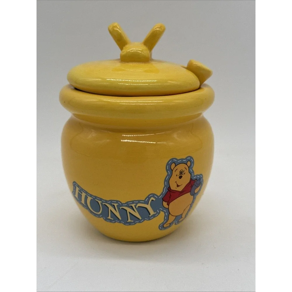 Disney Winnie The Pooh Yellow Ceramic Honeypot W/lid & Dipper